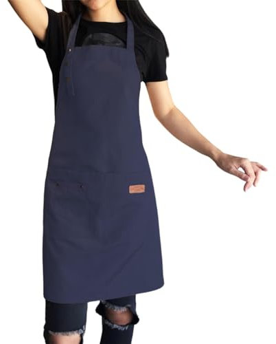 Dmuzsoih Delantal de lona con bolsillos, delantales de chef con 2 bolsillos, correa ajustable, delantal de cocina impermeable para mujeres, hombres y adultos, delantal de trabajo, azul marino, Refer