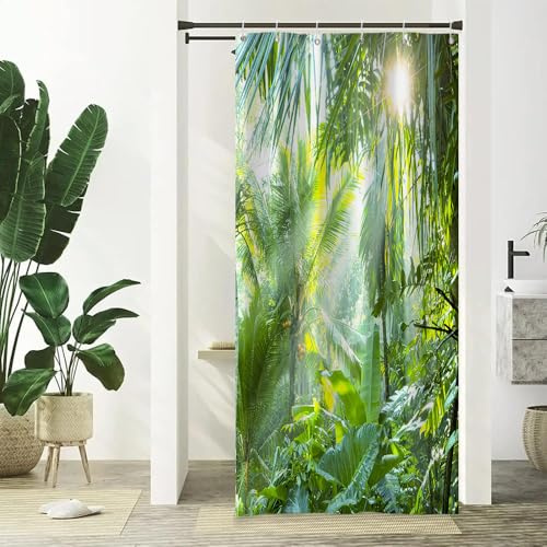 Xiaoterna Frühling Duschvorhang Tropischer Regenwald Üppiges grünes Laub im Dschungel Badvorhang Dschungel Sonnenaufgang Wasserdichter Duschvorhang Maschinenwaschbar Wasserdichter Stoff 90x180cm
