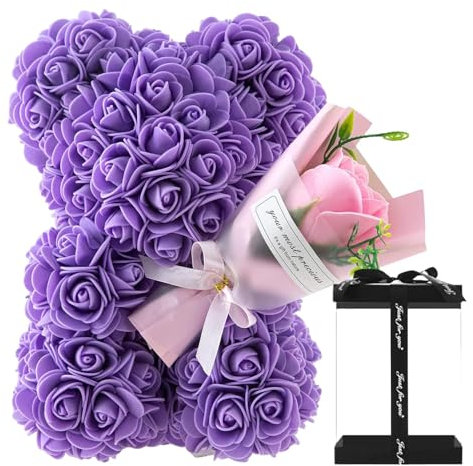 Nankoyal Rosen-Bär, Rosen-Tedy-Bär, 24 cm, künstliche Blume, mit transparenter Box, handgefertigt, romantisch, dekoratives Valentinstags-Bär-Geschenk für sie, ewiges Blumenbärenjunges in