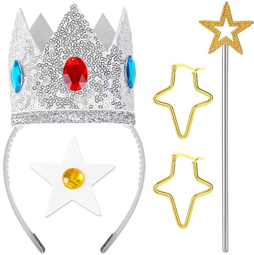Goenb 4 Stück Prinzessin Rosalina Krone Zubehör Kit, Prinzessin Kostüm Zubehör Prinzessin Zubehör mit Prinzessin Krone Stirnband/Stand/Ohrringe/Brosche für Mädchen Frauen Karneval Fasching Mottoparty