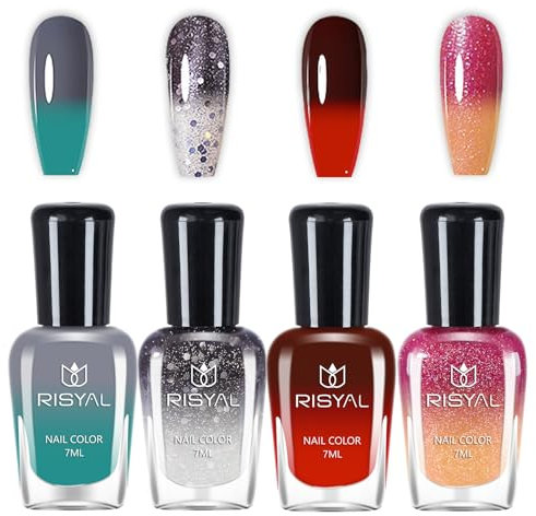 4 Farben Nagellack Set - Langanhaltender Farbwechselnder Nagellack Kit - Farbwechsel, Temperaturkontrolle Nagellack, Nagelkunst-Design für Nail DIY Maniküre- ohne UV-Lampe (Grün Rot Schwarz Set C)