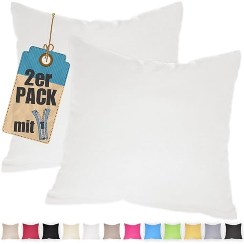 Kissenbezug Doppelpack 30x30 cm Weiß mit verdecktem Reißverschluss - 2er Pack Kissenhülle Set Baumwolle Uni, Waschbar, Atmungsaktiv Mischgewebe