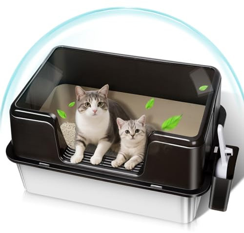 Zvonema Katzenklo Edelstahl XXL, 30L Extra Groß Katzentoilette Hoher Rand, Auslaufsicher & Antihaft, Geruchsresistent Metall Katzenklo, Anti-Rutsch Cat Litter Box für Kleine, Große Katzen- Schaufel