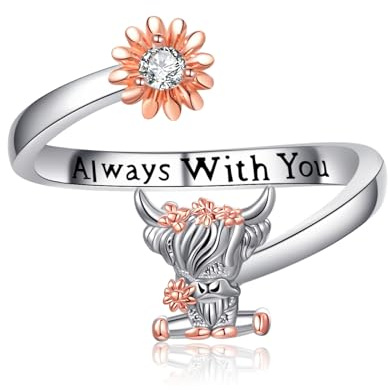 Damen Ring Schildkrötenring 925 Sterling Silber Ringe Einstellbar Schildkröten für Frauen Geburtstag Jubiläum Versprechen Schmuck (HIGHLAND KUH RING)