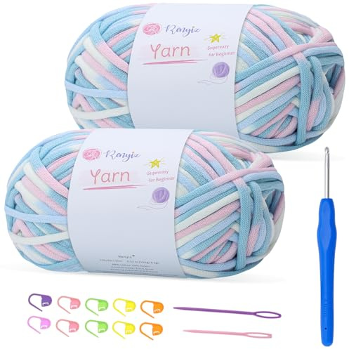 Renyiz Dicke Wolle zum Häkeln Häkelgarn 2x100g,häkelwolle mit Häkelnadel 4mm, Chunky Yarn Farbstabil für Häkelprojekte wie Decken & Spielzeug (Mixblue x 2)