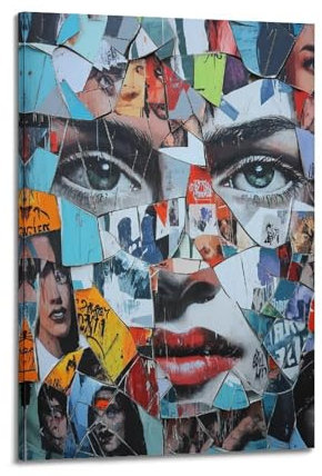 YCGYMX Atemberaubendes Collage-Kunststück mit lebendigen Farben und einem auffälligen weiblichen Gesicht. Kunstposterrahmen, Leinwand, Wandkunst, modernes Wandbild, dekoratives Gemälde, zum Aufhängen
