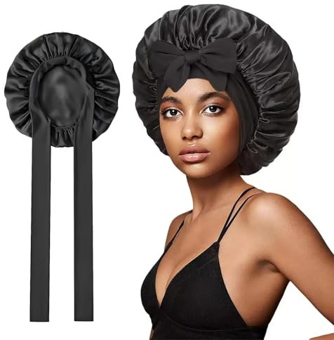 YMWALK Double-Sided Satin Sleep Bonnet with Bow - Adjustable Silk-Like Hair Wrap for Women, Hair Bonnet for Bath,Shower & Night Cap for Curly/Straight Hair (Black)