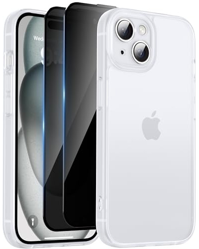 HeIssitot Matt Handyhülle für iPhone 15 Hülle und 2 Stück Sichtschutz Schutzfolie, [Kameraschutz] [Militärstandard] Durchscheinende PC Rückseite TPU Bumper Schutzhülle für iPhone 15, Matte Weiß