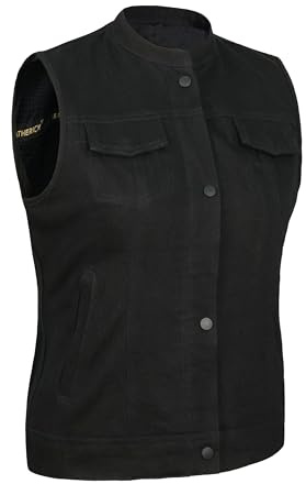 Leatherick Damen-Bikerweste aus reinem Denim – Strapazierfähige Motorradweste im Club-Stil für Damen mit 7 funktionalen Taschen