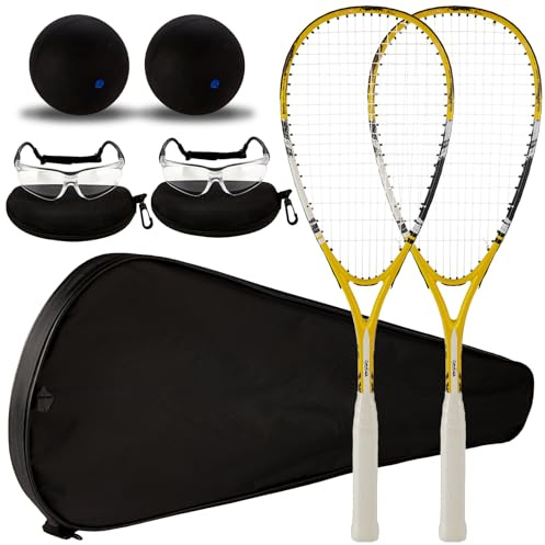 Conderyang 2 Pack Beginner Squash Racquet Set Includes Racquets with Racket Bags Anti Fog Goggles Cases Blue Dot Ball Indoor Gym Sports for Beginners Novice Training Recreational Play (Yellow)