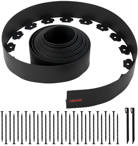 VEVOR Bordure de Jardin en Plastique, 10 m x 10 cm, Bordure Paysagère avec 30 Piquets, sans Creuser, Flexible, Résistante aux UV, Rouleau de Séparateur Chemin pour Parterres de Fleurs, Pavés de Cour