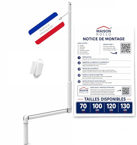 Manivelle Volet Roulant Complète 100cm – Manivelle avec tige en Acier Laqué Blanc Ø12 mm une Poignée Ergonomique et son Support Mural – Maison Rollo (100 CM V1)