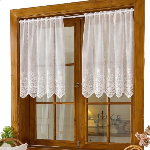 lemgyiamz Visillos Cortos para Ventanas, Cortina Cocina Ventana, Cortinas Cocina Ventana, Semitransparente, Motivo Floral Plantas Encaje, Poliéster, Pasador Varilla, para Cocina Café, Blanco