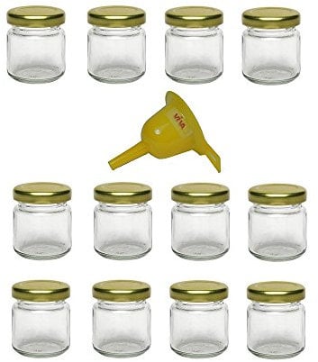 Viva Haushaltswaren - 12 x Mini Einmachglas 53 ml mit goldfarbenem Deckel, runde Glasdosen als Marmeladengläser, Gewürzdosen, Gastgeschenk etc. verwendbar (inkl. Trichter Ø 12,3 cm)