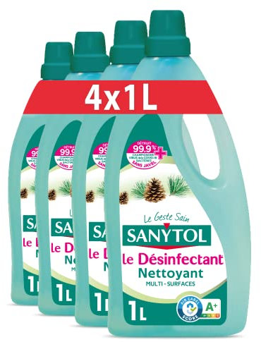 Sanytol - Désinfectant Nettoyant Multi-Usages Sols et Surfaces - Parfum Pin de Méditerranée - 1 L - Lot de 4 - Bactéricide, Virucide, Fongicide - Sans Javel, Air Label Score A+
