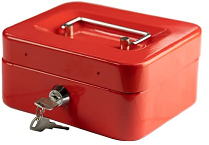 Hyfive® Steel Security Petty Cash Box with Keys & Tray in Red, 6