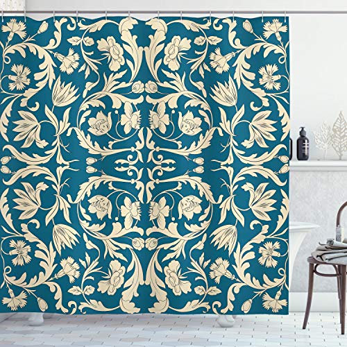 ABAKUHAUS Chinesisch Duschvorhang, Oriental Antike Rolle, Stoffliches Gewebe Badezimmerdekorationsset mit Haken, 175 x 200 cm, Petrol Blau und Creme