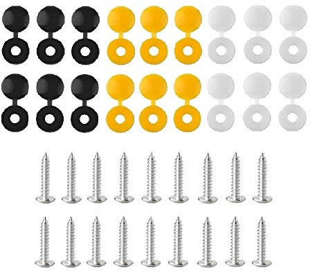 BEK-FIX® Number Plate Screws and Caps Fitting Kit, White Yellow & Black Caps & Screws 36 Piece