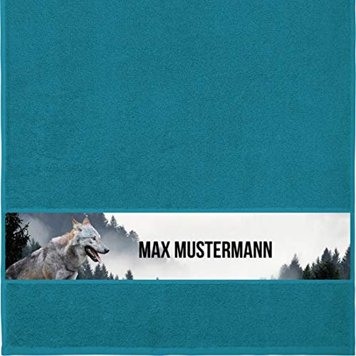 Manutextur Handtuch mit Namen - personalisiert - Motiv Tiere - Wolf - viele Farben & Motive - Dusch-Handtuch - Petrol - Größe 50x100 cm - persönliches Geschenk mit Wunsch-Motiv und Wunsch-Name