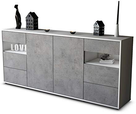 Stil.Zeit Sideboard Francesca, Korpus Weiss matt, Front Industrie-Design Beton (180x79x35cm) Push-to-Open Technik & Leichtlaufschienen