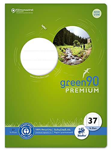 Staufen Green Heft - DIN A4, Lineatur 37 (9mm liniert, Rand perforiert), 16 Blatt, 90g/m² Recyclingpapier, runde Ecken verhindern „Eselsohren“, 4 verschiedene Motive (keine Auswahl möglich), 1 Stück