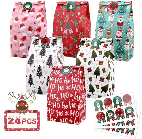 PHOGARY 24er Pack Papiertüten Adventskalender für Weihnachtsfeier, Weihnachts Goodie Geschenk Krafttaschen mit Etikettenaufklebern für Geschenkverpackungen, Kekse, 6 Designs, Mittel