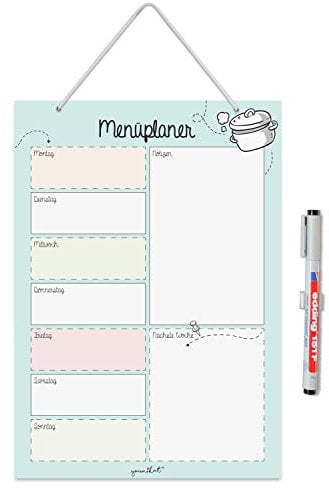 Menüplaner zum Aufhängen in DIN A4 I Whiteboard Essensplaner für die ganze Woche I abwischbar I türkis I mit Aufhängung, Stifthalter und Stift I dv891
