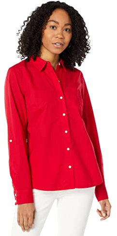 Tommy Hilfiger Women's Solid Button Collared Shirt with Adjustable Sleeves, Scarlet 01, XS