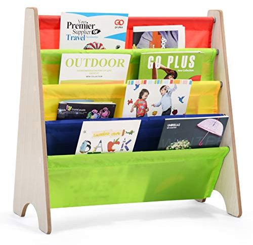 COSTWAY Kids Book Storage Rack, 4 Tier Sling Bookshelf with Fabric Shelves, Easy Access Children Bookcase for Toddlers Bedroom Playroom (Natural)