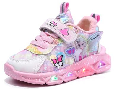 IRON JF ELSA Mädchen Leuchtschuhe, Sommer LED Sneakers, Kinder Hohles Mesh Stoffschuhe Mit Klettverschluss, Sportschuhe, Turnschuhe Laufen (Color: B Pink, Size: 22)