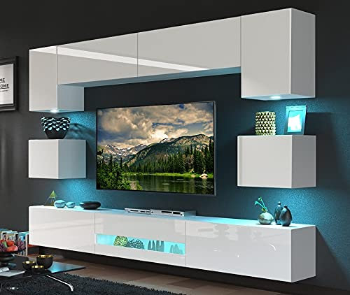 Besta DAN1-17W-HG2 1B: Modern Wohnwand für Wohnzimmer mit LED, Weiß, Hängend, Schrankwand mit Regalen und TV-Schrank