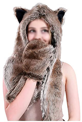 LUNULE Unisex Tiermütze Winter Warme 3-in-1 Fellmütze Ohren mit Handschuhe Schal Künstliches Fell Kapuzenschal Thermohandschuhe für Damen & Herren Tiere Bär Panda Wolf Paws Ohren Plüschmütze Damenhut