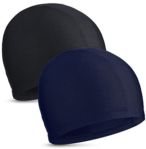 2 Pièces Bonnets de Bain Élastiques Bonnet de Natation en Tissu Confortable Bonnets de Bain Légers pour Femmes Hommes Enfants en Nageant (Noir, Bleu Marine)