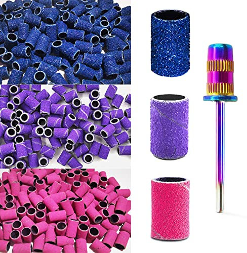 Brocas de uñas bandas de lijado para taladro de uñas, brocas Corfulra para uñas, 210 bandas de lijado gruesas finas # 80 # 150 # 240 con broca de mandril arco iris para taladro eléctrico de uñas