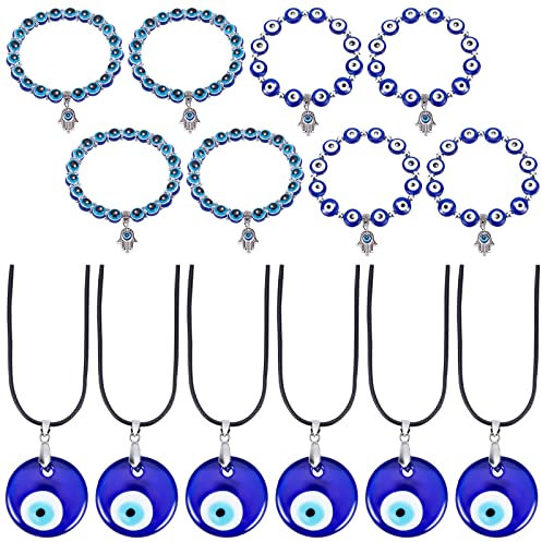 WEBEEDY 14 Pcs Evil Eye Necklace Bracelet Set, Evil Eye Pendant Necklace Glass Leather Rope Chain Turkish Protect Lucky Necklace for Women Men Evil Blue Eye Charms for Protection, Good Luck
