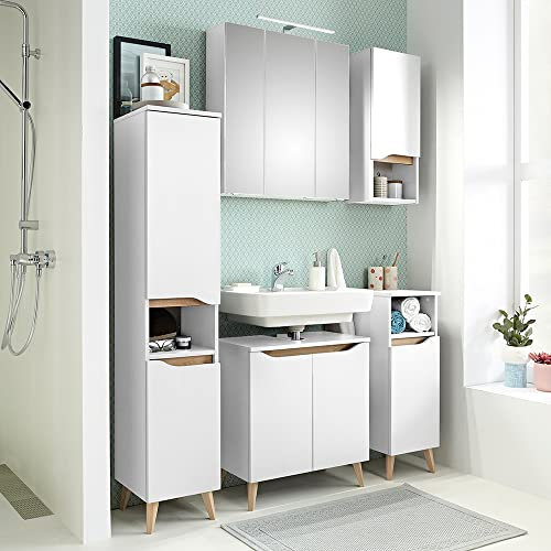 Lomadox Badezimmer Komplett Set mit Füßen in Holzoptik in Weiß Glanz mit Weiß Hochglanz, B/H/T ca. 125/200/33 cm