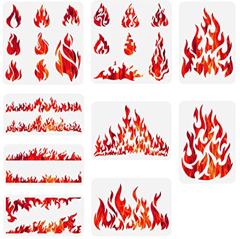 FINGERINSPIRE 9PCS Feuer Muster Schablone 3 Größen Burn Blaze Lagerfeuer Malerei Schablonen Plastik PET Wand Vorlage Flammen Schablone DIY Kunst und Handwerk Schablonen für Wand Fliesen Möbel Dekor