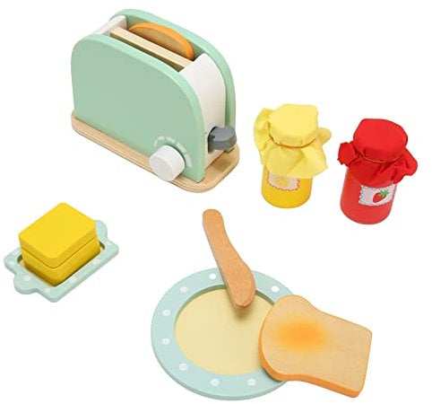 Kids Toaster Toy Set, Wooden Bread Butter Toaster Toy Kitchen Pretend Play Toy Set for Girls Boys