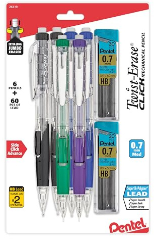 Pentel Twist-Erase Click Mechanical Pencil (0.7mm), Pack of 6 Pencils with 2 Pack of Lead Refills (PD277TLBPS6M)