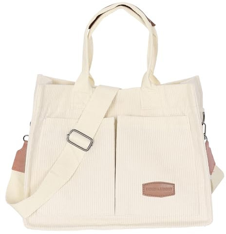 JurHevty Cord Tasche Damen Umhängetasche Groß Shopper Handtasche Tote Bags Schultertasche for Women Beutel Stofftasche für Arbeit,Schule und Lässige(Weiß)