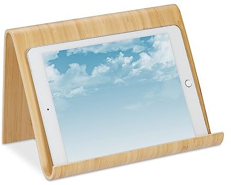 Relaxdays Tablet Ständer, Holz, Schreibtisch, Küche, Bett, Leseständer, modernes Design, Buch-Halter, Kochbuch, natur, 1 Stück