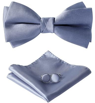 HOULIFE Fliege Herren Set - Verstellbare Fliege aus Satin Polyester Vorgebunden Fliege, einfarbige Einstecktuch, Manschettenknöpfe Set für Bräutigam Hochzeit formal mit Geschenkbox (Dunkelgrau)