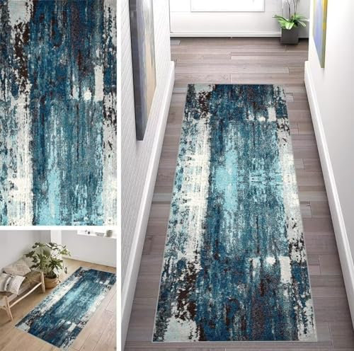 ZUZEKU Abstrakte Läufer Flur Küche Waschbar rutschfest 40X200cm Vintage Blau Lang Küchenteppich Flurteppich Teppich Fur Korridor Wohnzimmer Schlafzimmer Meterware Anpassbar