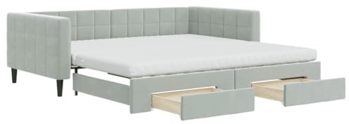 vidaXL Tagesbett, Ausziehbar Schlafsofa mit Schubladen Matratzen, Bettsofa Gästebett für Schlafzimmer Wohnzimmer, Sofa Bett Ausziehbett, Hellgrau 100x200 cm Samt
