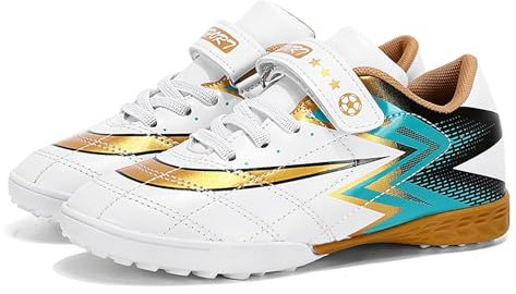 HsnavaLightweight Football Boots Athletics Training Shoes Sport Sneaker Astro Turf Trainers Kids White Gold TF 3.5UK