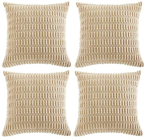 FDTERN 4er Set Boho Kissenbezug 50x50 cm Beige Einfarbig Flauschig Kissenbezüge Kordsamt Kissenhülle Dekokissenbezug Sofakissen Dekokissen Deko für Sofa Schlafzimmer Wohnzimmer Balkon