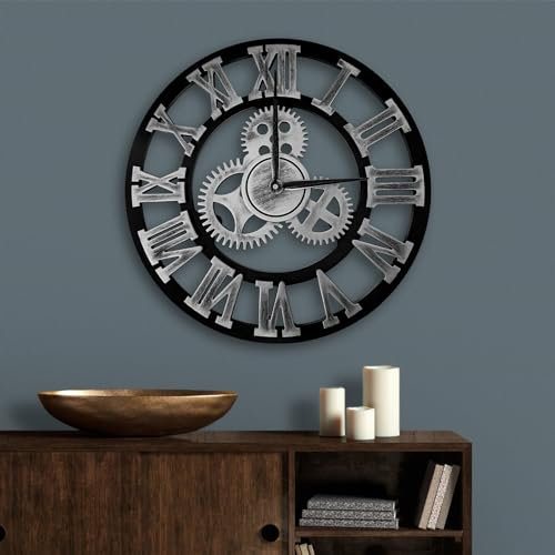 ALEENFOON Uhr Leise Wanduhren, 3D Gear Vintage Industrial Silent Nicht tickend Arabische Ziffern hängende Uhr für Wohnzimmer Küche Ohne Tickgeräusche Innenuhr (Silber Roman Numerals, 30CM)