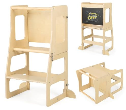 COSTWAY Wooden Kids Step Stool, 3 in 1 Toddler Kitchen Learning Tower with Chalkboard, Safety Rail, Montessori Helper Stand for Kitchen Counter Bathroom Sink