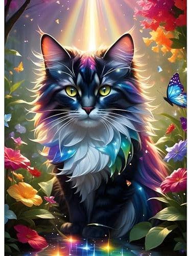GDYEEH 5D Schwarze Katze Diamant Painting Pictures, DIY Blumen Diamant Art Painting Kits, Traumland Diamond Painting Set for Adults Anfänger, Mosaic Making, Diamond Painting for Home Decor 30x40cm