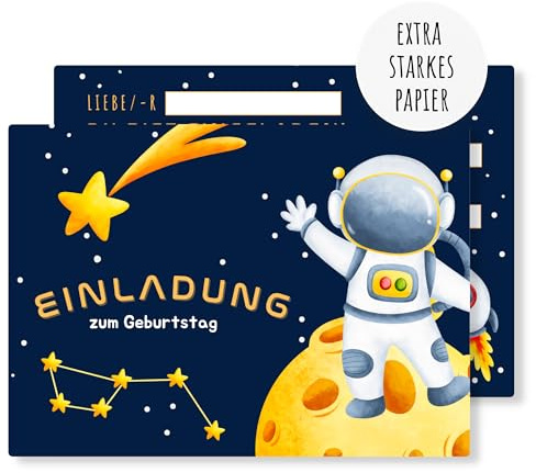 møij 12x Einladungskarten Kindergeburtstag Mädchen & Jungen Astronaut | DIN A6, stabiler Karton, leicht auszufüllen, ideal für Partyplanung